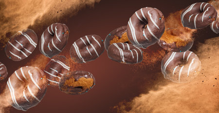 Lots of chocolate donuts with white stripes falling and flying in clouds of cocoa powder on brown background. Dynamic composition.の写真素材