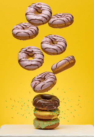 Stack of colorful glazed donuts with a variety of sprinkles and designs on a bright yellow...