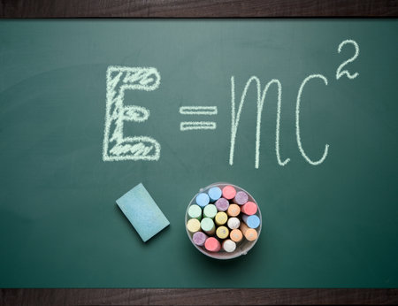 A school board with an equation written in chalk expressing the relationship between mass and...