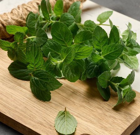 Fresh green mint sprigs lying on wooden board