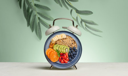 Alarm clock with a dial replaced by a plate full of a healthy breakfast. The plate contains granola, banana slices, kiwi, tangerine, strawberries, and blueberries. Green backgroundの写真素材