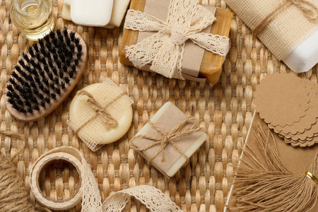 Handmade soap bars on marble stand, top viewの写真素材