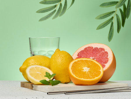 Grapefruit, orange and empty glass on green backgroundの写真素材
