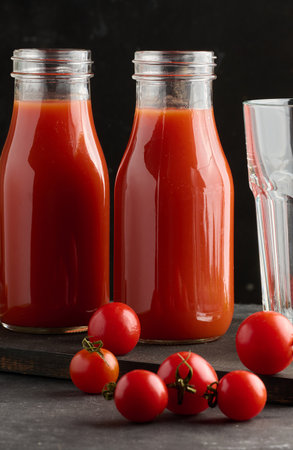 Full glass bottle with tomato juice on dark backgroundの写真素材