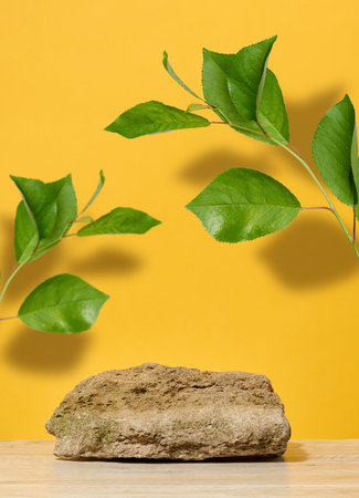 Natural stone podium platform with green branches on a bright yellow background for product presentation.の写真素材