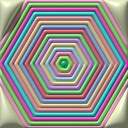 Abstract background of concentric glossy hexagons in pastel, candy-colored tones. 3D rendering...