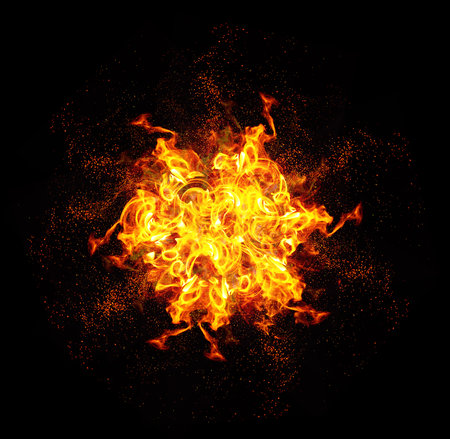 A bright, symmetrical fire explosion with intense yellow and orange flames. Sparks and particles are...