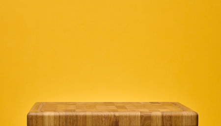 A wooden cutting board made from end grain on a bright yellow background. Copy spaceの写真素材