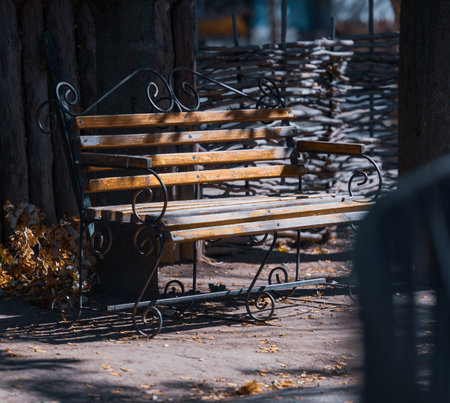 Vintage park bench with wrought iron elements and wooden planks, illuminated by the sun, against a...