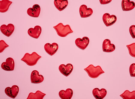 Pattern of red glitter hearts and lip appliquÃ©s randomly placed on a pink background. Conceptually themed around love, romance, and Valentine's Day.の写真素材