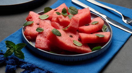 A plate of sliced ââwatermelon garnished with fresh mint leaves. A plate of fresh, summery dessert sits on the table.の写真素材