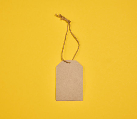 A blank craft rectangular tag with a string, centered on a yellow background. Mockup for a price...