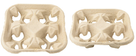 Paper cup holders made from molded pulp for transporting cups of drinks. Four-place cup holders,...