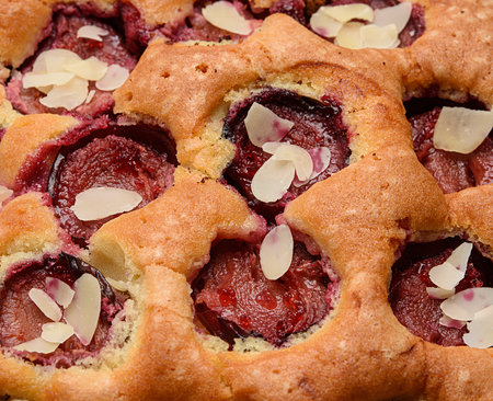 A close-up of a homemade plum pie with plum halves and a sprinkle of flaked almonds. Fruit pastries.の写真素材