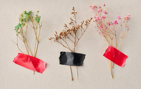 Three sprigs of multi-colored dried flowers are glued with red and black tape onto a gray paper...