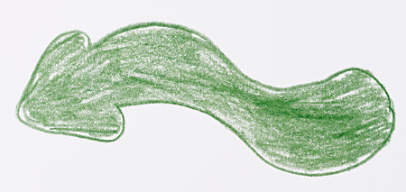 A horizontal green arrow with a wave-like curve pointing to the left, drawn in pencil on a white backgroundの写真素材