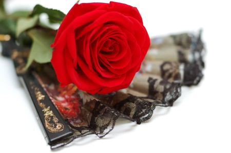 Black flamenco fan and red roseの写真素材