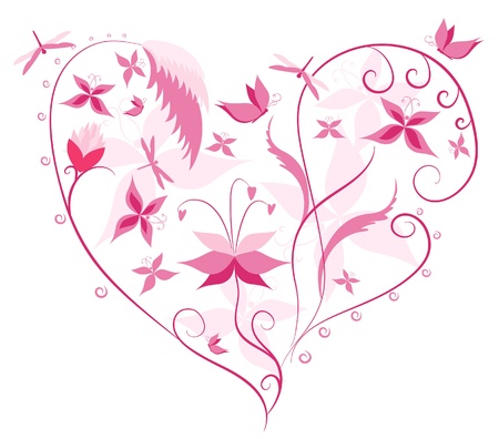 Floral Love Shape. Heart of flowers, butterflies and dragonflies.のイラスト素材