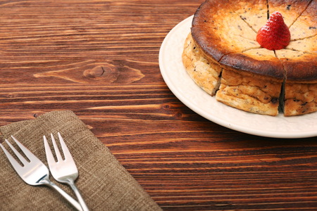 Cottage cheese pie on wooden background. Healthy eating.の写真素材