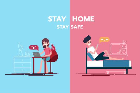 Young boy hit on her while stay home a both and chat on social media.のイラスト素材