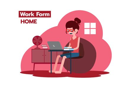 A girl started social distance with working at home alone. Graphic resources about social distance.のイラスト素材