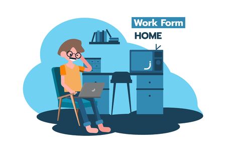 A boy started social distance with working at home alone. Graphic resources about social distance.のイラスト素材