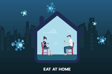 A couple is eating at their home to avoid getting a virus.のイラスト素材