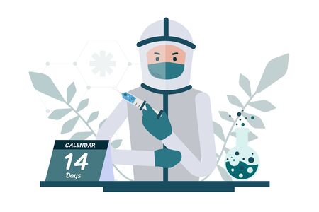 A man wearing hazmat suits detects himself in the house to prevent the spread of the corona virus.Concept of covid19 quarantine.のイラスト素材