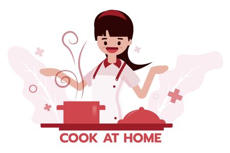 A woman cooking food by herself at home.Concept of covid19 quarantine.のイラスト素材