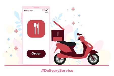 Online food order infographic.Fast delivery by motorcycle on mobile. E-commerce concept. App design.のイラスト素材