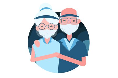 An old couple wear a mask a Face shield pair with a surgical mask to prevent virus infection.COVID-19 crisis concept.のイラスト素材