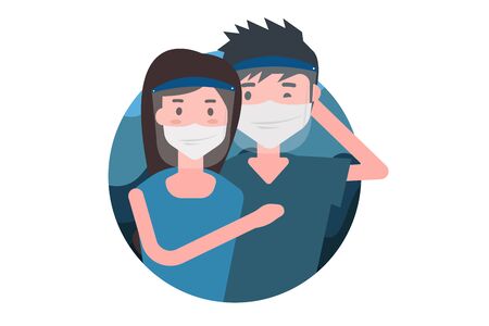 A couple wear a mask a Face shield pair with a surgical mask to prevent virus infection.New normal to clothing to protect Coronavirus infection.のイラスト素材