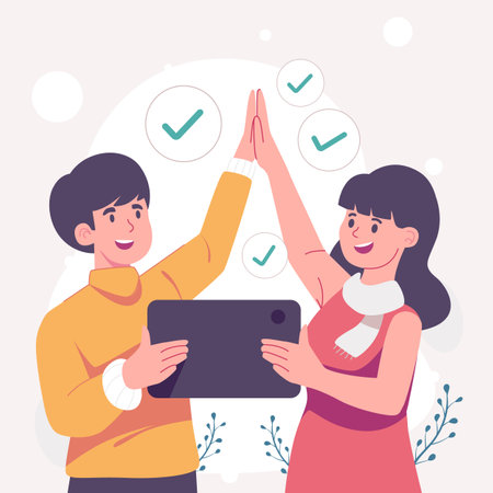 Business man and woman couple holding hands in completed checkbox, commitment, contract or agreement to deliver or complete work.のイラスト素材