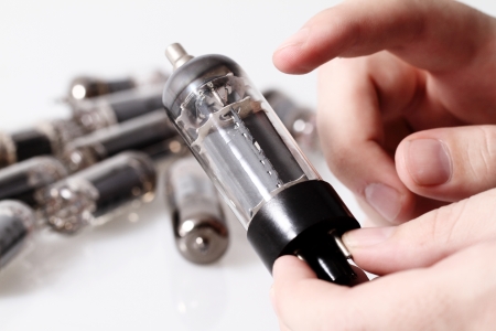 Glass vacuum radio tubes   Isolated image on white backgroundの写真素材