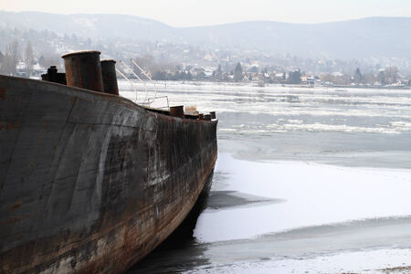 Landscape of a ship in the Balaton's iceの写真素材