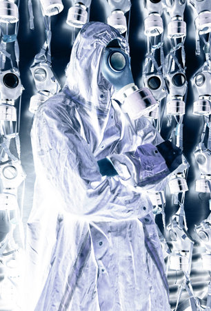 Photo of a man in WWII's clothes and gas maskの写真素材