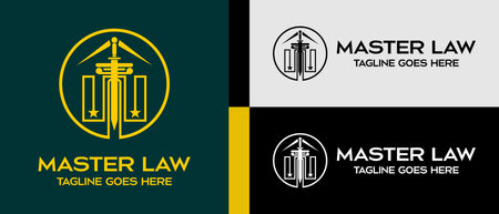 sword logo design template, house roof icon and law pillar icon in a circle. vector illustrationのイラスト素材