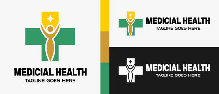 cross or plus sign logo design template with people icon and star. logo for medical health. vector illustrationのイラスト素材