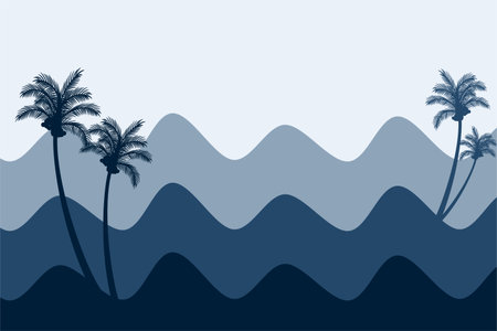 Panoramic landscape silhouette illustration of sea water waves and coconut treesのイラスト素材