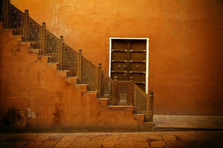 India, orange interior of a local house, stairsの写真素材