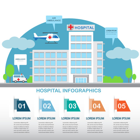flat design hospital building with infographic elements templates. ambulance car and air. のイラスト素材
