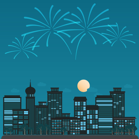 night cityscape with  celebration firework background and elements. Can be used web design,cover page, brochure template.のイラスト素材