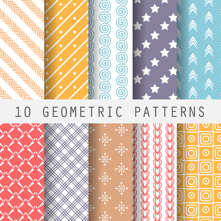10 different retro patterns. Endless texture for wallpaper, fill, web page background, surface texture. Set of colorful geometric ornament.  shabby pastel. vector illustration.のイラスト素材