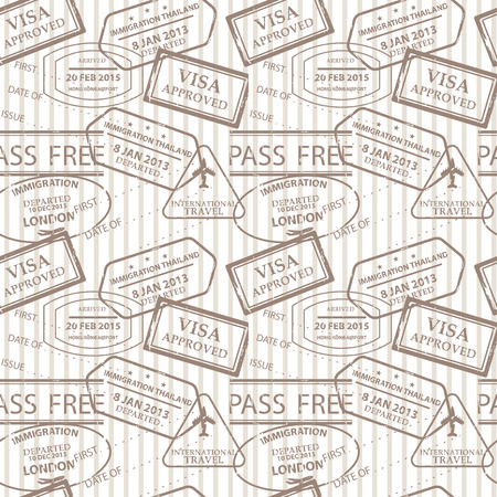 vintage color seamless pattern, stamps of passport control offices from different countries and tourist destinations in a travel and vacation conceptのイラスト素材