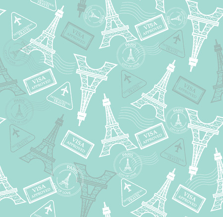 seamless pattern with eiffel tower and stamps.vector, Endless texture can be used for wallpaper, pattern fills, web page background,surface textures.のイラスト素材