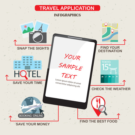 mobile applications for travel infographics elements and  background. Modern technology and Flat design. Can be used for business layout, ad diagram, web design, brochure template. vector illustrationのイラスト素材