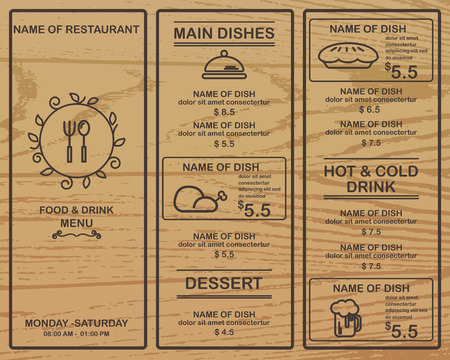 restaurant, bistro and cafe menu, infographics background and elements wooden design. Can be used for layout, banner, web design, brochure template. Vector illustrationのイラスト素材