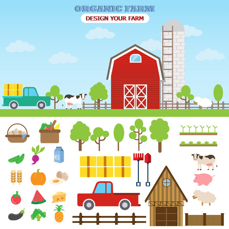Farm countryside infographic elements, flat city design. Can be used for agriculture business background, statistic , data, web design, info chart, brochure template. Vector illustrationのイラスト素材