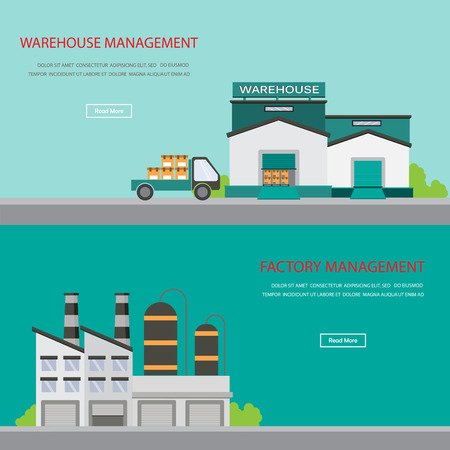 Factory and warehouse background. Infographics elements.  design for one page website, business banner, cover page, brochure template. Vector illustrationのイラスト素材