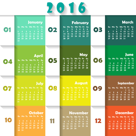 Calendar for 2016 on colourful Background. Week Starts Monday. Simple Vector Templateのイラスト素材